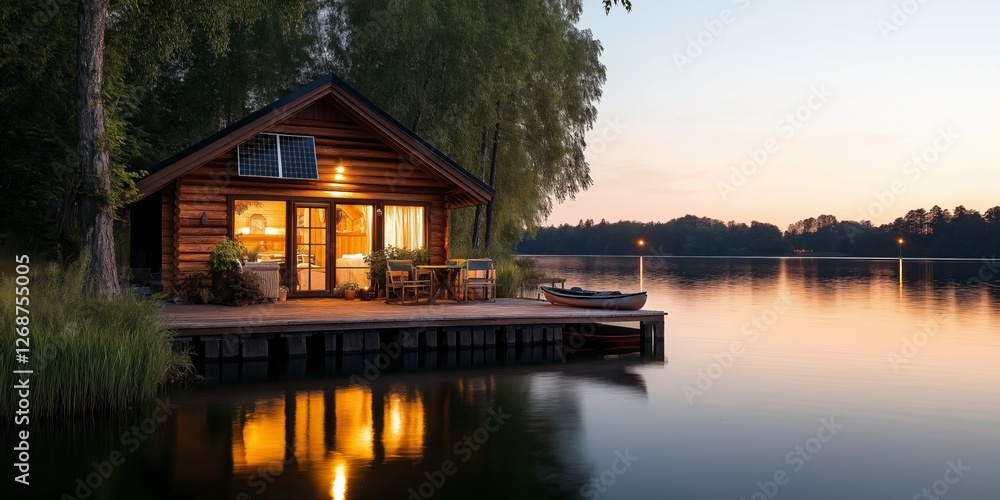 Obraz premium Tranquil lakeside retreat at dusk with warm lights illuminating a cozy cabin and gentle reflections on calm waters. Generative AI