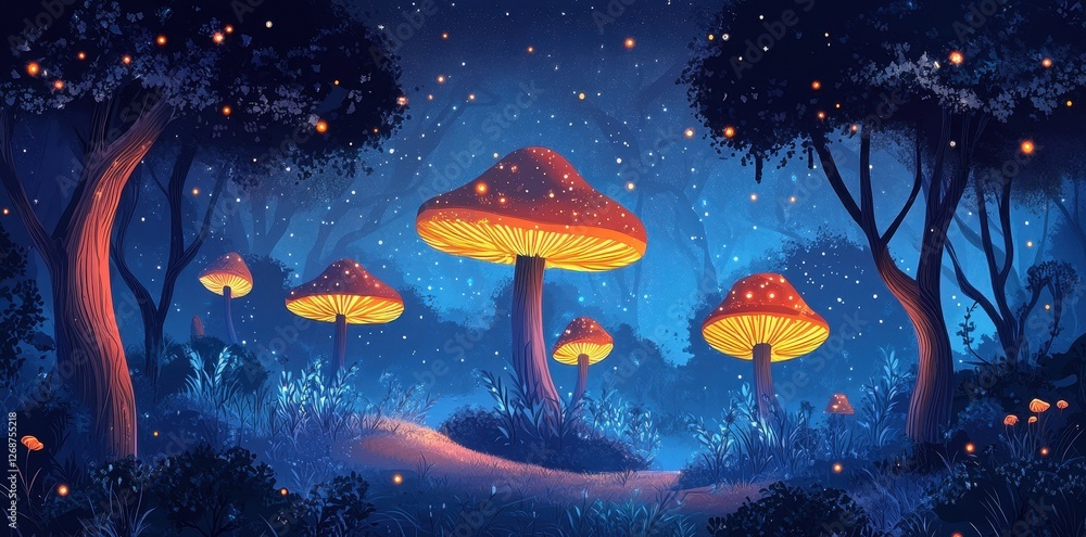 Luminous mushrooms illuminate a magical forest at twilight hour Luminous mushrooms illuminate a magical forest at twilight hour