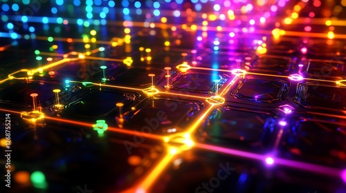 A high-definition digital representation of blockchn blocks glowing in different colors, interconnected with secure digital pathways. photo