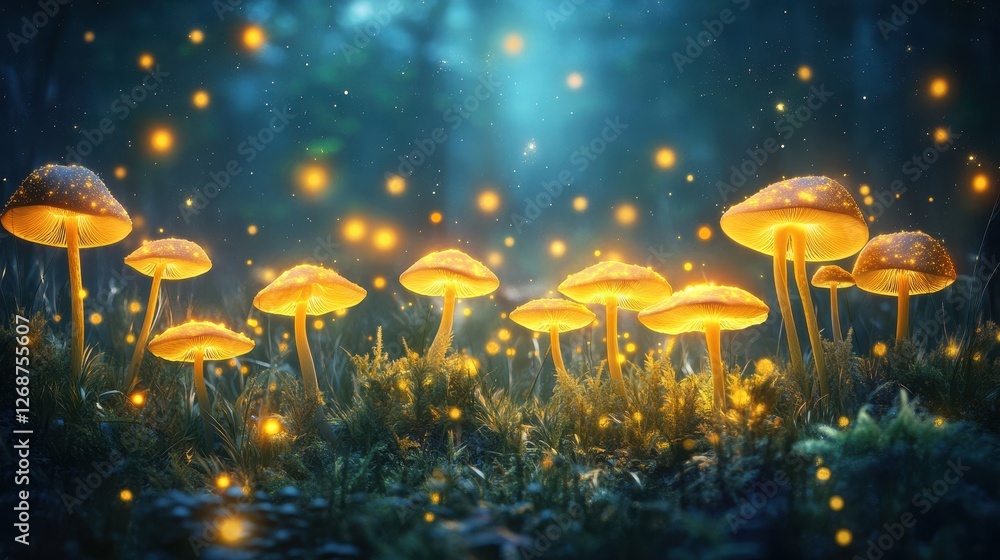 Glowing mushrooms illuminate the enchanted forest floor at night Glowing mushrooms illuminate the enchanted forest floor at night