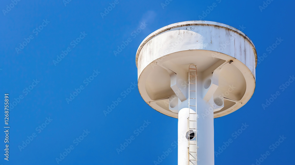 Fog clears revealing water tower. water tower with blue sky Fog clears revealing water tower. water tower with blue sky