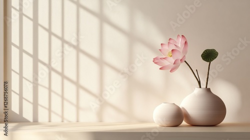 A pink blossom blooms in a vase , flower arrangement using Lotus Blossom