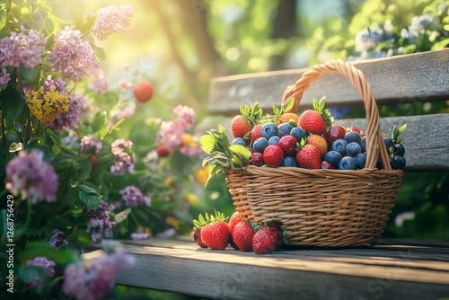  Wicker basket with berries on wooden bench - Spring nature background