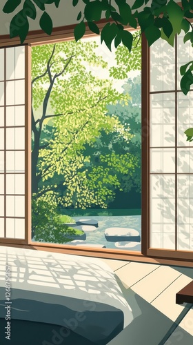 Peaceful scene displays a tranquil garden view through a window
