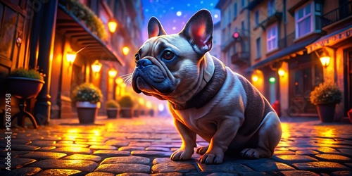 Fototapeta Naklejka Na Ścianę i Meble -  Adorable French Bulldog Puppy Sitting on Parisian Cobblestone Street, Bokeh Background