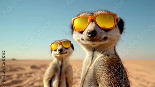 Two small mammals wearing orange sunglasses with yellow lenses in a desert setting under a bright blue sky