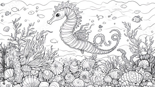 Underwater seahorse coloring page, detailed scene, calm ocean, relaxing activity, printable art, educational photo