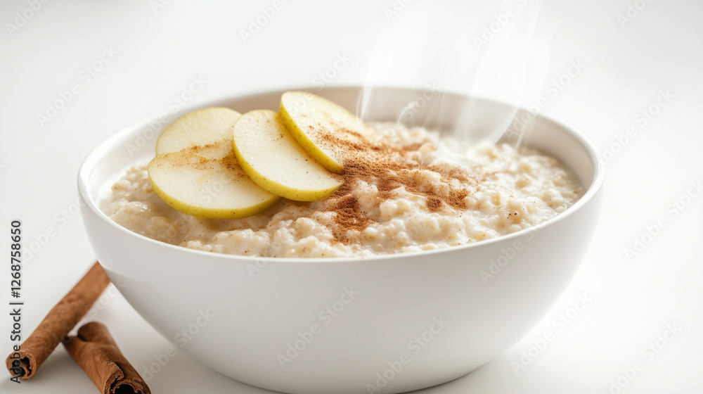 Steaming oatmeal with apple slices and cinnamon in white bowl.