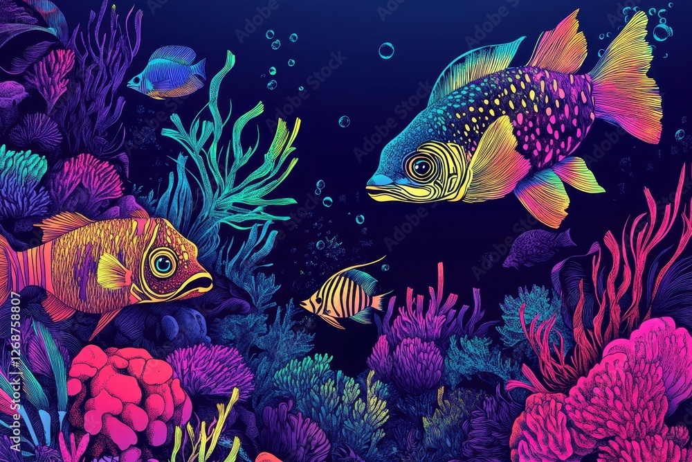 Fototapeta premium Colorful fish swim around vibrant coral reef in deep ocean