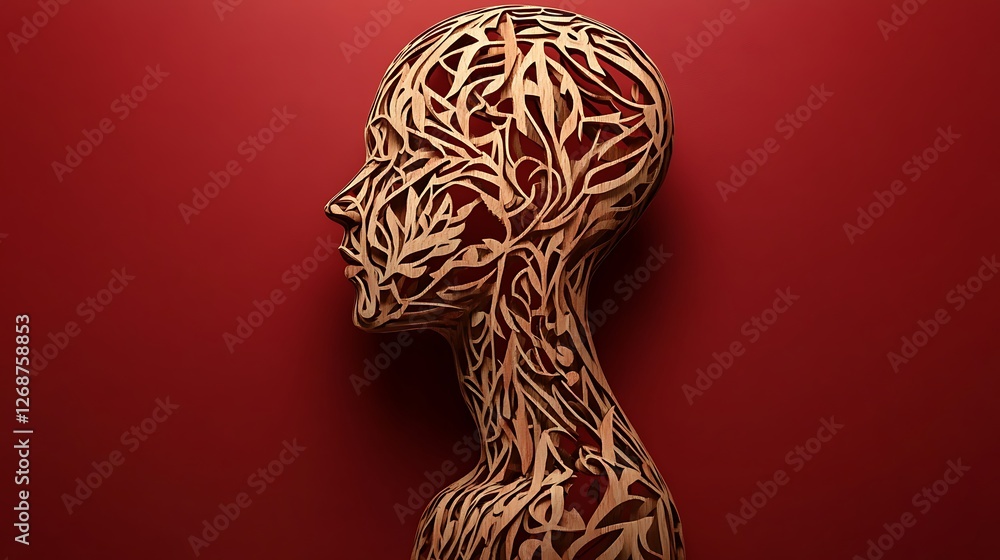 Obraz premium A layered wooden human cutout with intricate overlapping designs, displayed on a deep red background.