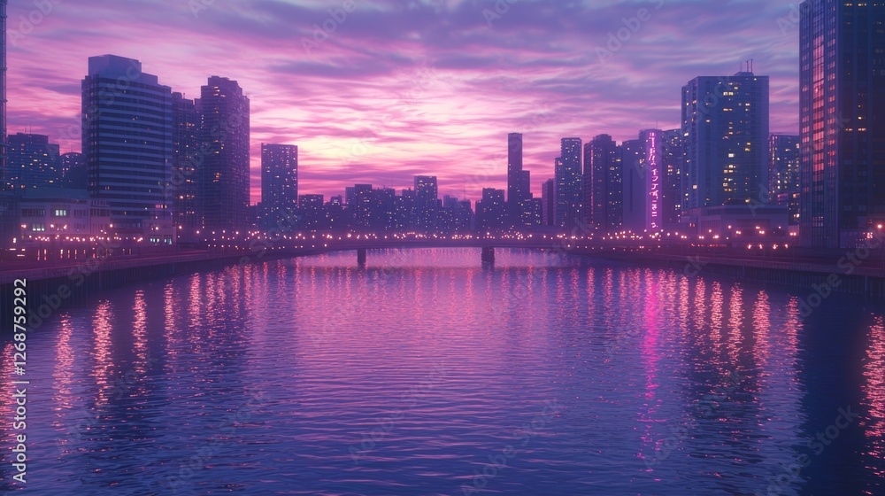 Vibrant City Reflection at Dusk Over a Bustling River Scene Vibrant City Reflection at Dusk Over a Bustling River Scene