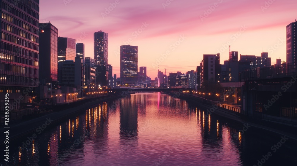 Fototapeta premium Vibrant Cityscape Reflection at Sunset Over the Bustling River