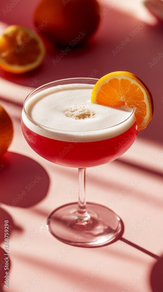 A delightful red cocktail rests in an elegant coupe glass, its frothy top perfectly accentuated by a vibrant orange slice. Sunlight dapples across a pink surface, creating a warm, inviting atmosphere A delightful red cocktail rests in an elegant coupe glass, its frothy top perfectly accentuated by a vibrant orange slice. Sunlight dapples across a pink surface, creating a warm, inviting atmosphere