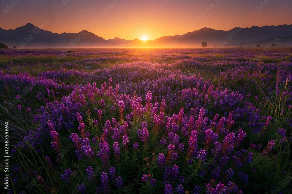 Obraz premium A vibrant field of lavender flowers stretches towards a sunrise, with distant mountains silhouetted against a colorful sky.