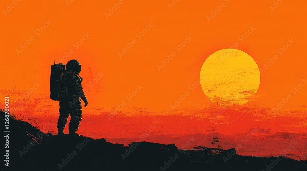 Fototapeta premium Astronaut standing on a desolate planet watches a massive sun