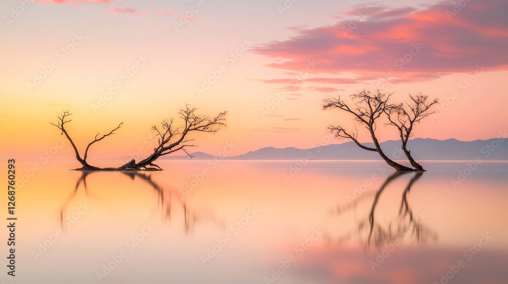 Serene Sunset Over Still Lake with Bare Trees Silhouetted Serene Sunset Over Still Lake with Bare Trees Silhouetted