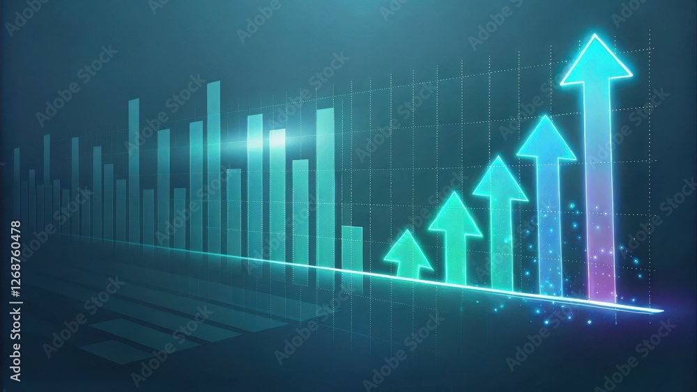 A futuristic graph showing increasing trends with upward arrows, symbolizing growth and positive data analysis. A futuristic graph showing increasing trends with upward arrows, symbolizing growth and positive data analysis.