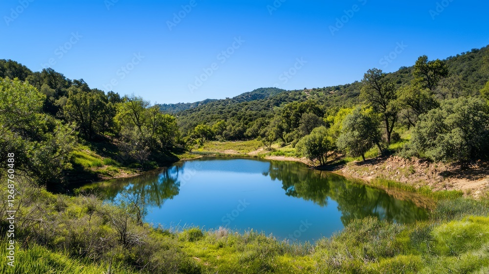 Serene Small Lake Surrounded by Lush Green Hills Under Clear Sky Serene Small Lake Surrounded by Lush Green Hills Under Clear Sky