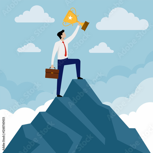 Illustration of a businessman standing on a mountaintop holding a golden trophy to represent victory, symbolizing success.