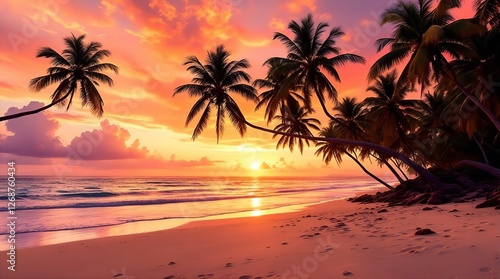 Tropical Beach Sunset: Palm Trees Silhouetted Against a Vibrant Orange and Pink Sky, Ocean Waves, and Sandy Shoreline Paradise