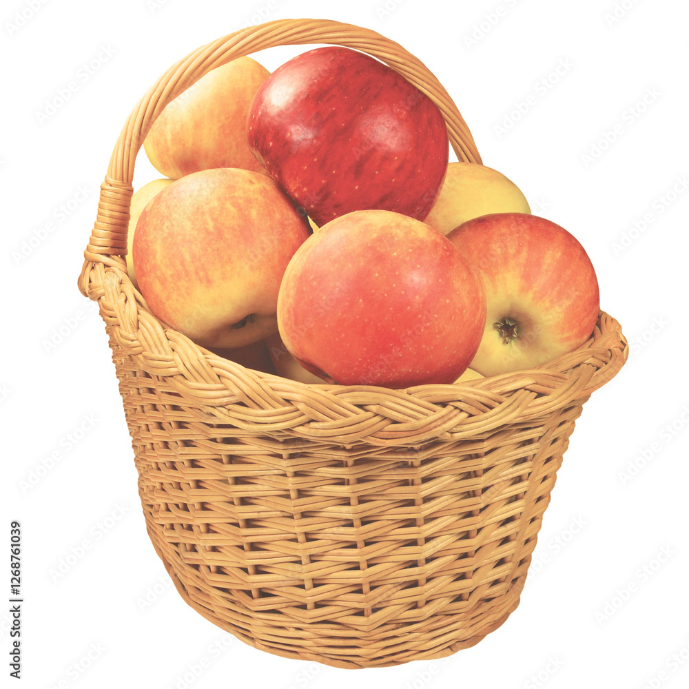 Fresh ripe apple fruits, beige tan wicker basket, large isolated closeup, red-ripe juicy fruit detail, natural half-split splint willow pattern, healthy lifestyle concept, blank empty white background