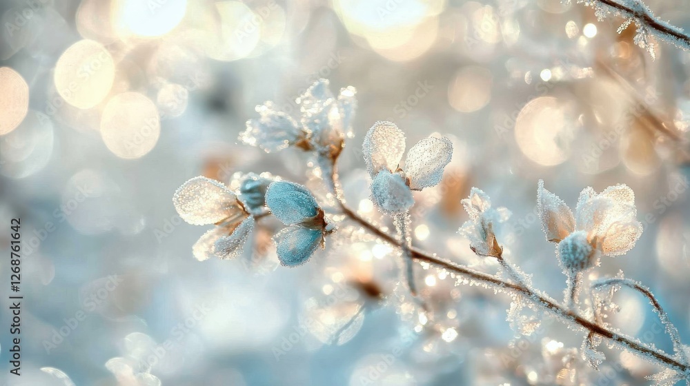 Cool-toned bokeh lights creating an enchanting icy blue atmosphere with soft floral details in winter landscape Cool-toned bokeh lights creating an enchanting icy blue atmosphere with soft floral details in winter landscape