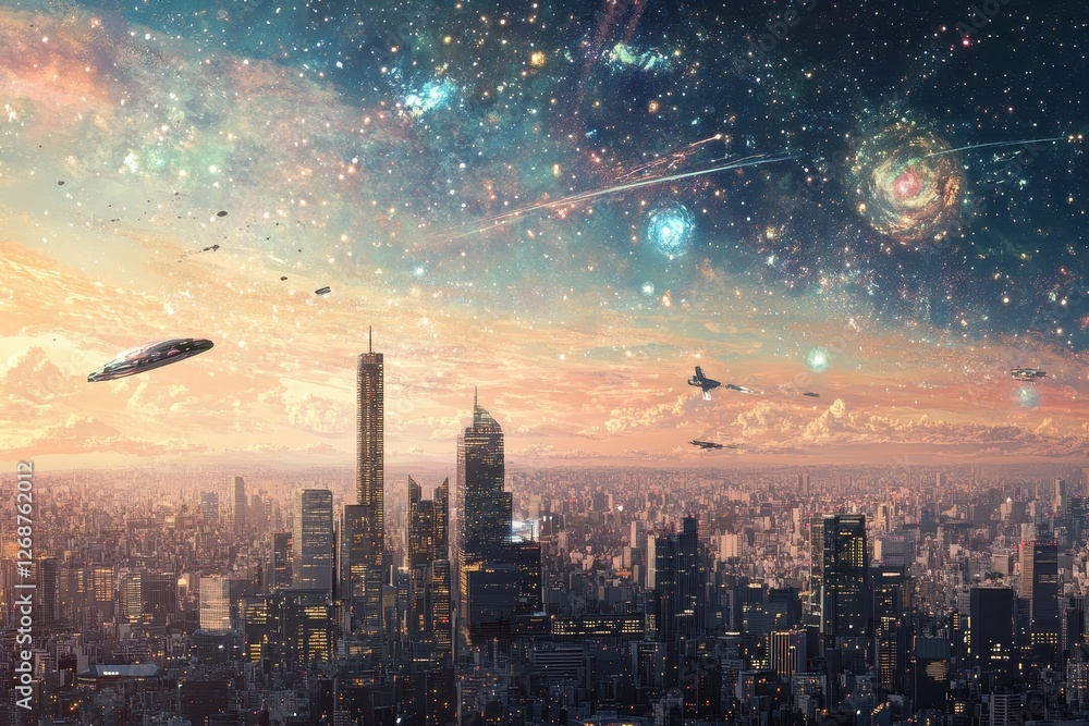 Obraz premium Futuristic cityscape beneath a galaxy filled with stars and spaceships