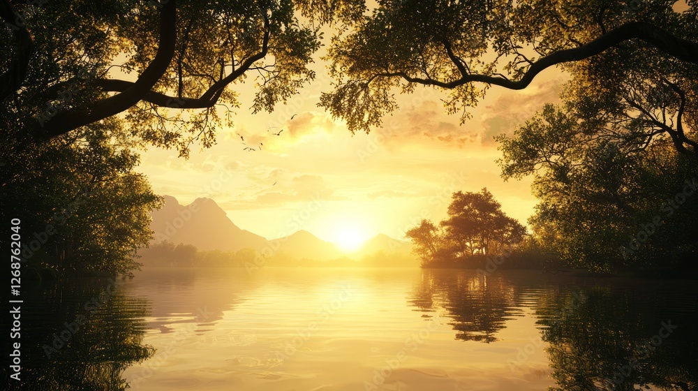 Serene Sunset Over Calm Lake Surrounded by Lush Greenery Serene Sunset Over Calm Lake Surrounded by Lush Greenery