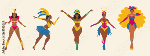 Set of Brazilian samba dancers. Carnival characters in festival costumes dancing. Modern vector illustration