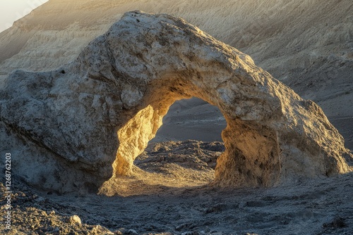 A remarkable rock arch in a desert setting illuminated by the golden hour light photo