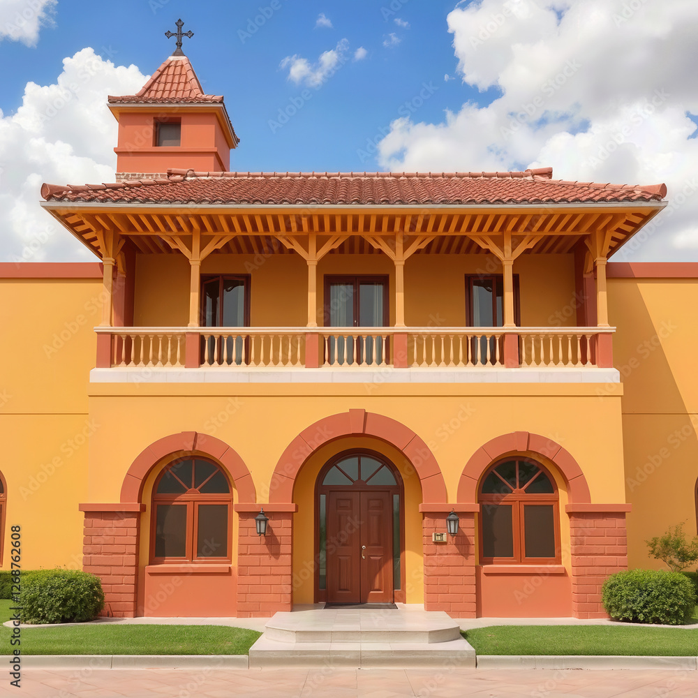Building, architecture, house, home, balcony, window, door, exterior, wall, facade. Orange elegant looking house, home with beautiful balcony, window, and door Building, architecture, house, home, balcony, window, door, exterior, wall, facade. Orange elegant looking house, home with beautiful balcony, window, and door