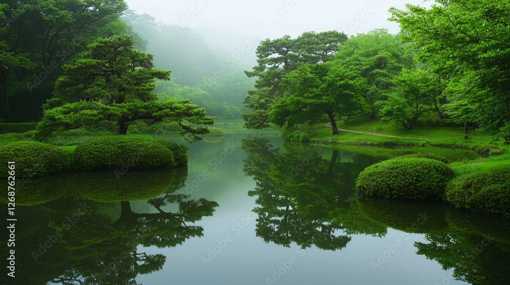Serene Surreal Nature Landscape with Lush Green Reflection Serene Surreal Nature Landscape with Lush Green Reflection