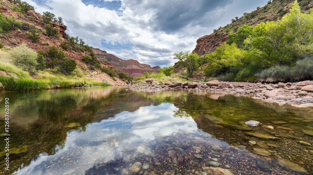 Serene Mountain Stream Reflecting Cloudy Sky and Lush Greenery Serene Mountain Stream Reflecting Cloudy Sky and Lush Greenery
