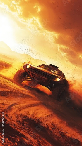 Off road vehicle speeding through desert landscape with bright sky photo