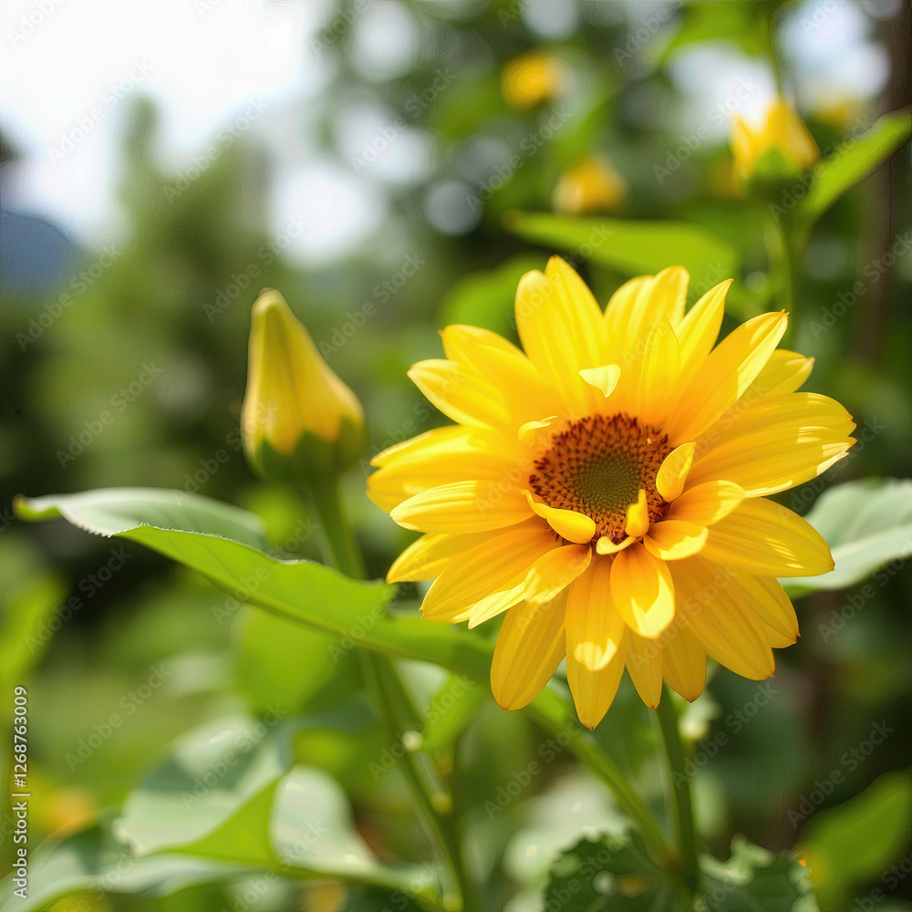 Yellow flower, bud, green, leaf, plant, garden, outdoor, nature, flora, bloom with natural sunlight and show vividly color of nature in daylight Yellow flower, bud, green, leaf, plant, garden, outdoor, nature, flora, bloom with natural sunlight and show vividly color of nature in daylight