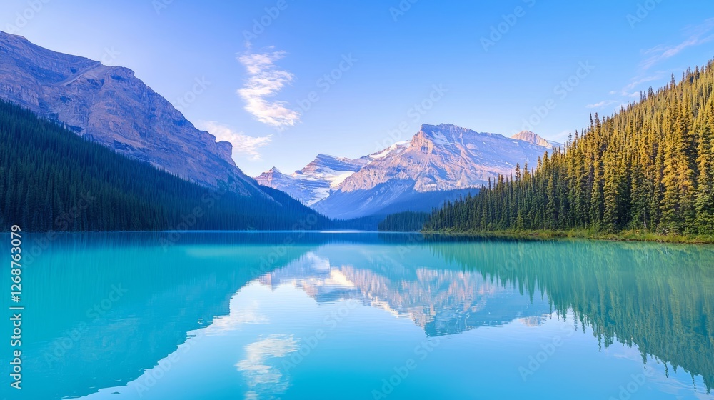 Serene Early Morning Reflection on Calm Lake Surrounded by Mountains Serene Early Morning Reflection on Calm Lake Surrounded by Mountains