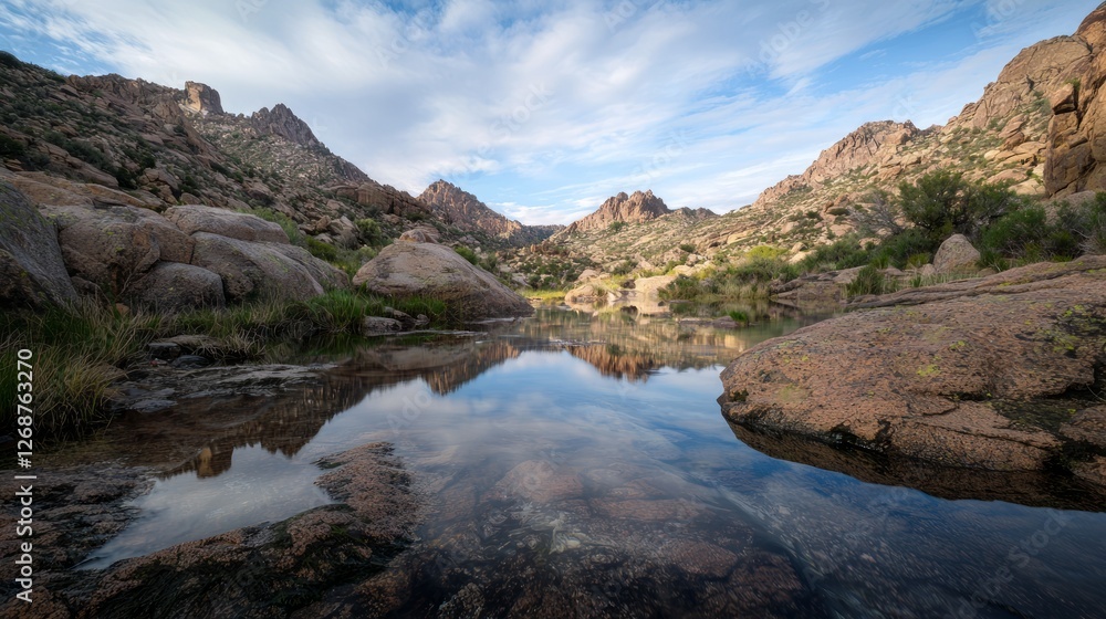 Serene Landscape with Calm Water and Majestic Mountains Serene Landscape with Calm Water and Majestic Mountains
