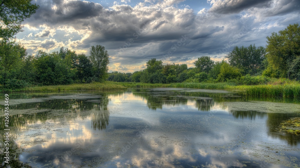Fototapeta premium Captivating Still Water Reflection with Clouds and Greenery