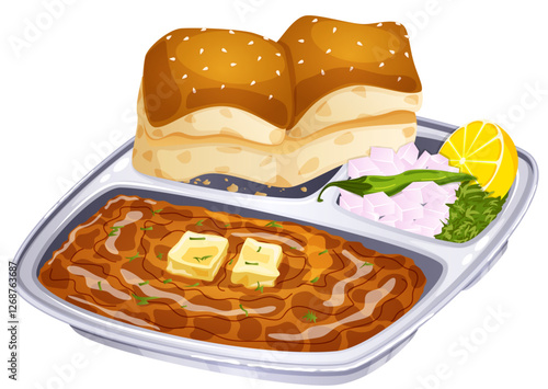 Traditional Pav Bhaji in Partition Metal Tray. Buttered Sesame Bread Rolls with Spicy Vegetable Curry, Chopped Onions, Green Chili, Cilantro and Lemon. Famous Asian Street Food Art