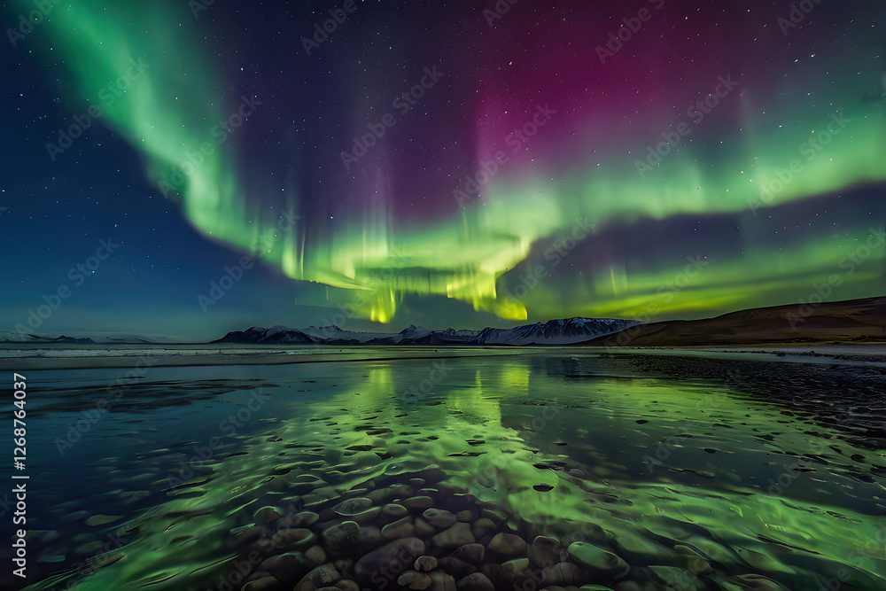 Naklejka premium Aurora northern lights in night sky with starry sky over arctic mountains reflecting on ice shore landscape, aurora borealis is a beautiful arctic polar nature phenomenon for a travel destination