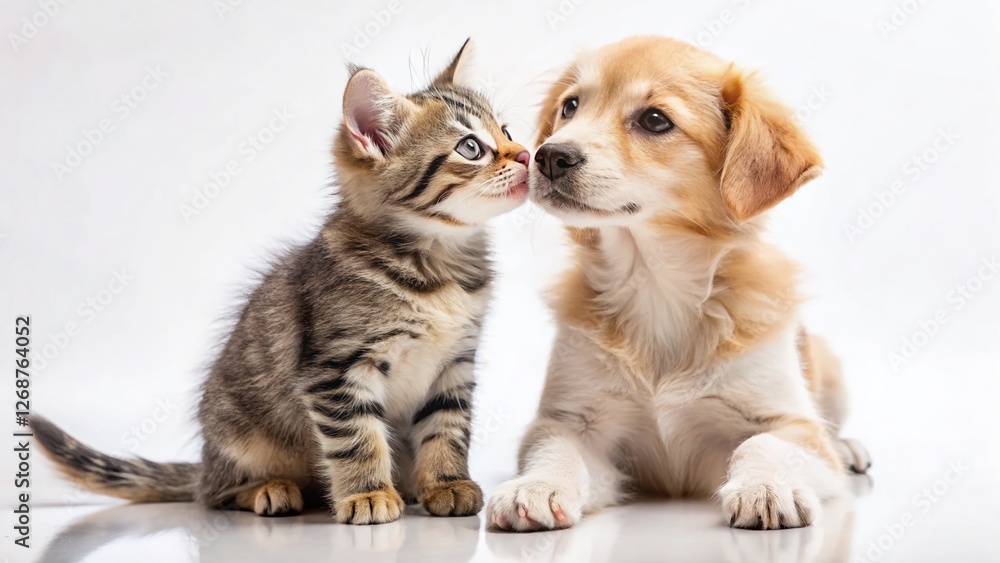 Adorable Puppy and Kitten Playtime: Low Light Studio Shot on White Background Adorable Puppy and Kitten Playtime: Low Light Studio Shot on White Background