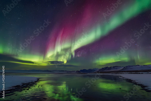 Wallpaper Mural Aurora northern lights in night sky with starry sky over arctic mountains reflecting on ice shore landscape, aurora borealis is a beautiful arctic polar nature phenomenon for a travel destination Torontodigital.ca