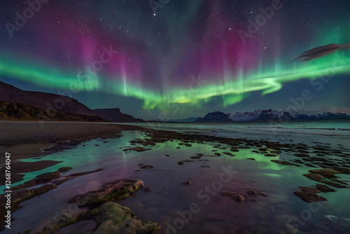 Wallpaper Mural Aurora northern lights in night sky with starry sky over arctic mountains reflecting on ice shore landscape, aurora borealis is a beautiful arctic polar nature phenomenon for a travel destination Torontodigital.ca