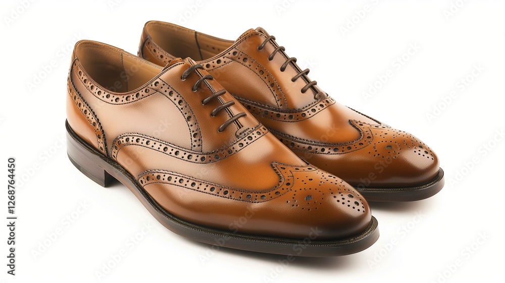 A classic pair of brown brogue shoes with intricate perforations, displayed against a bright white background in ultra-realistic clarity. A classic pair of brown brogue shoes with intricate perforations, displayed against a bright white background in ultra-realistic clarity.