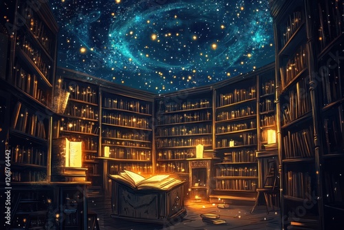 Magical library interior illuminated by stars and candlelight