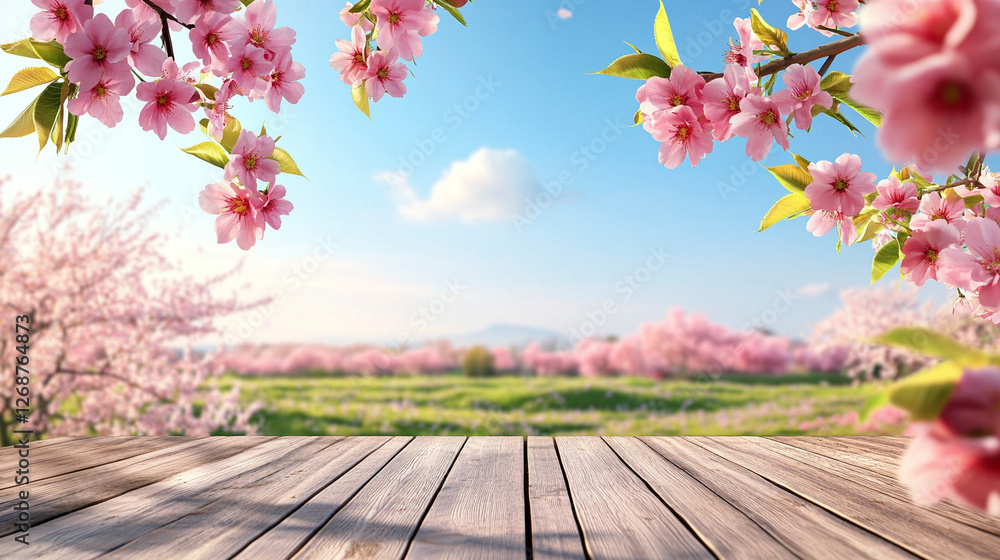 Spring Meadow with Sakura Blossoms and Wooden Floor Spring Meadow with Sakura Blossoms and Wooden Floor