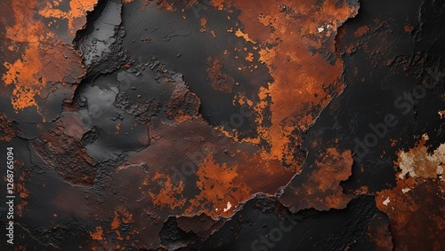 abstract digital artwork featuring a textured, rust-like surface. The composition is dominated by a blend of dark brown, black, and hints of orange and white, creating a rugged and weathered appearanc photo