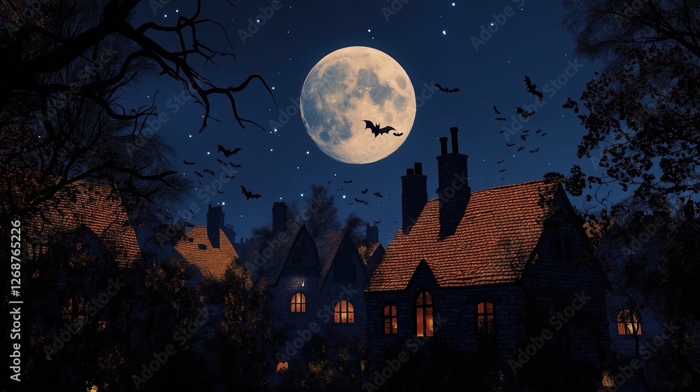 Fototapeta premium 3D rendering night scene with a full moon in the background. The sky is dark blue with a few stars scattered around. In the foreground, there are several houses with orange roofs and chimneys.