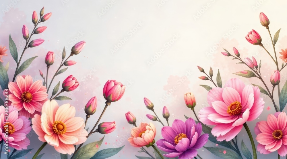 A Delicate Arrangement of Blooming Flowers with Pastel Hues and Soft Background A Delicate Arrangement of Blooming Flowers with Pastel Hues and Soft Background