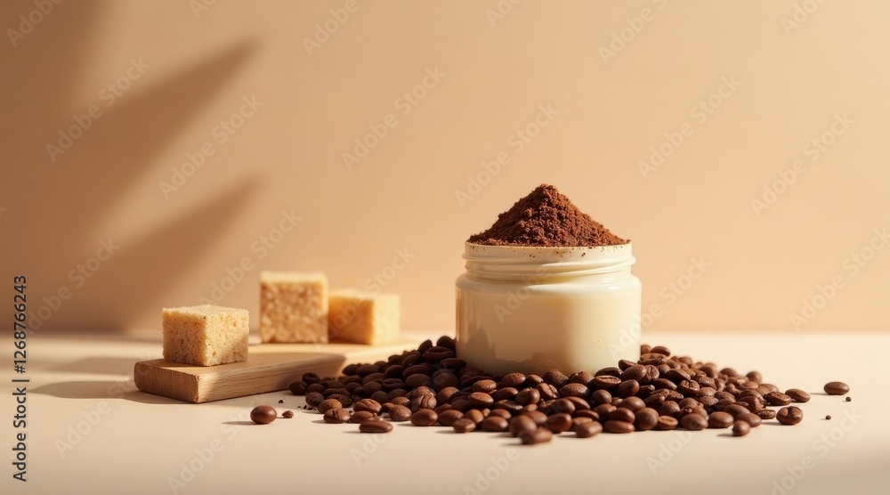 Aromatic Coffee Powder in a Jar with Sugar Cubes and Roasted Coffee Beans on a Neutral Background Aromatic Coffee Powder in a Jar with Sugar Cubes and Roasted Coffee Beans on a Neutral Background